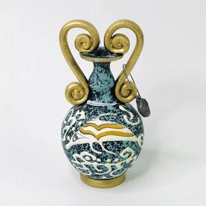 Greek Pottery Pitcher Miniature Fish Handmade Museum Copies Blue Goldtrim Signed